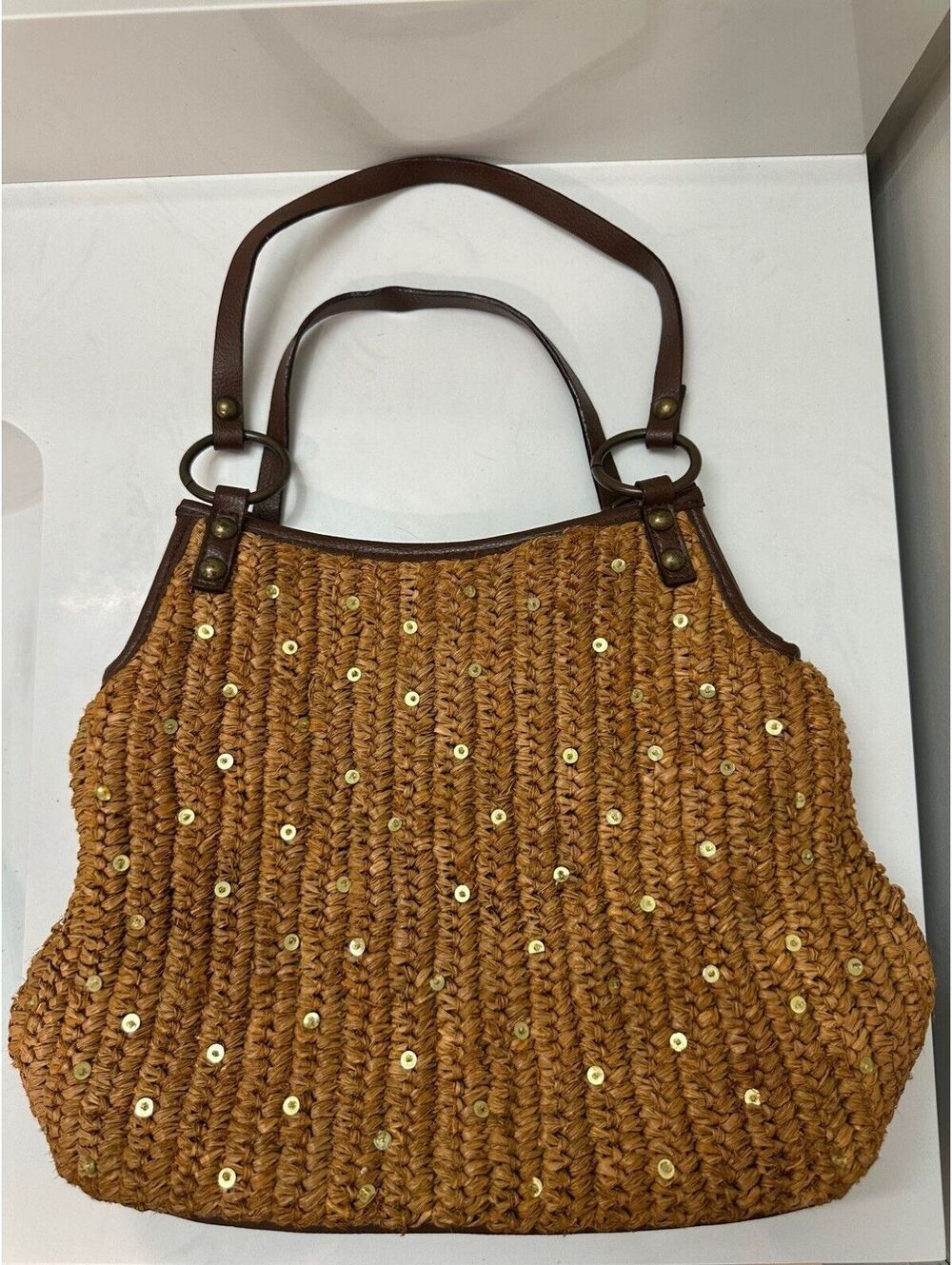 Nine West Tan Brown Woven Straw Shoulder Bag Gold Sequin Accents Metal Rings